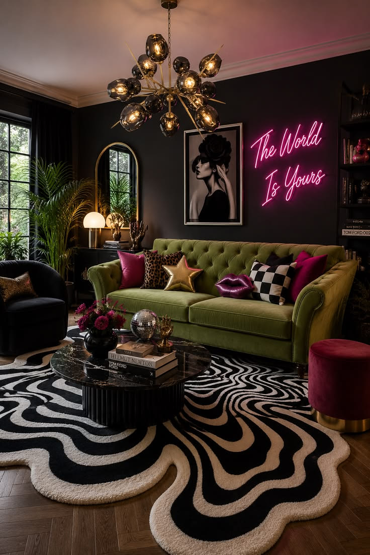 Moody lounge with an olive velvet sofa, pink neon lettering, gold lighting and a zebra-pattern rug