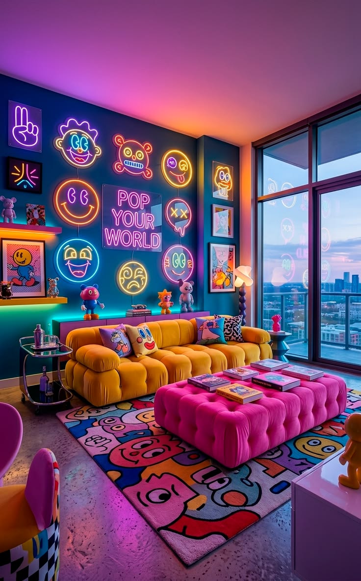 Colorful living room with neon smiley artwork, a golden yellow sofa, pink ottoman and graphic rug