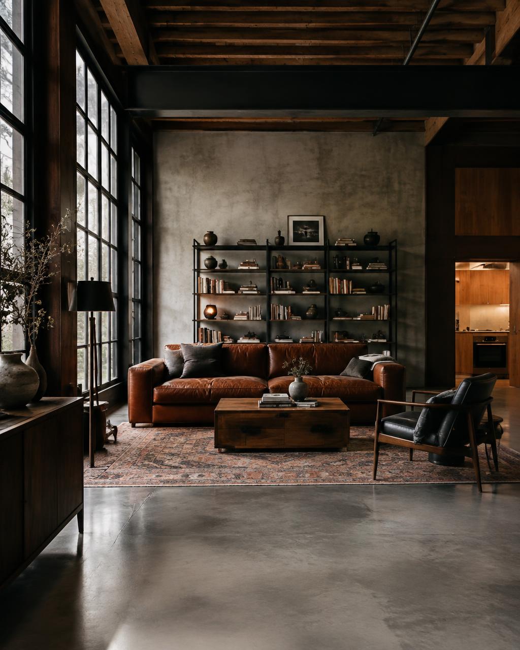 Brooklyn loft with concrete floors, steel beams, leather sofa and dark metal shelving