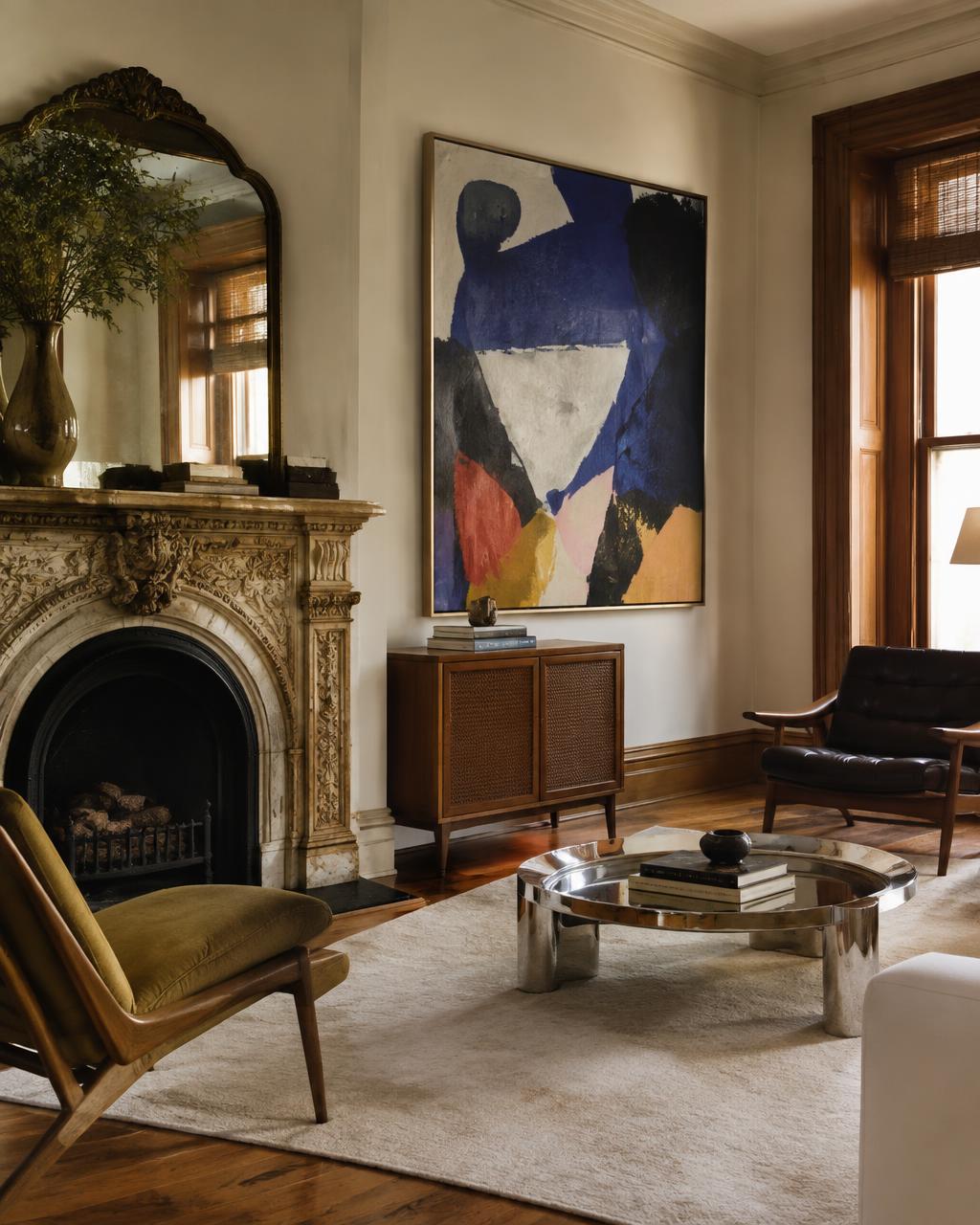Brownstone parlor with carved fireplace and bold abstract art